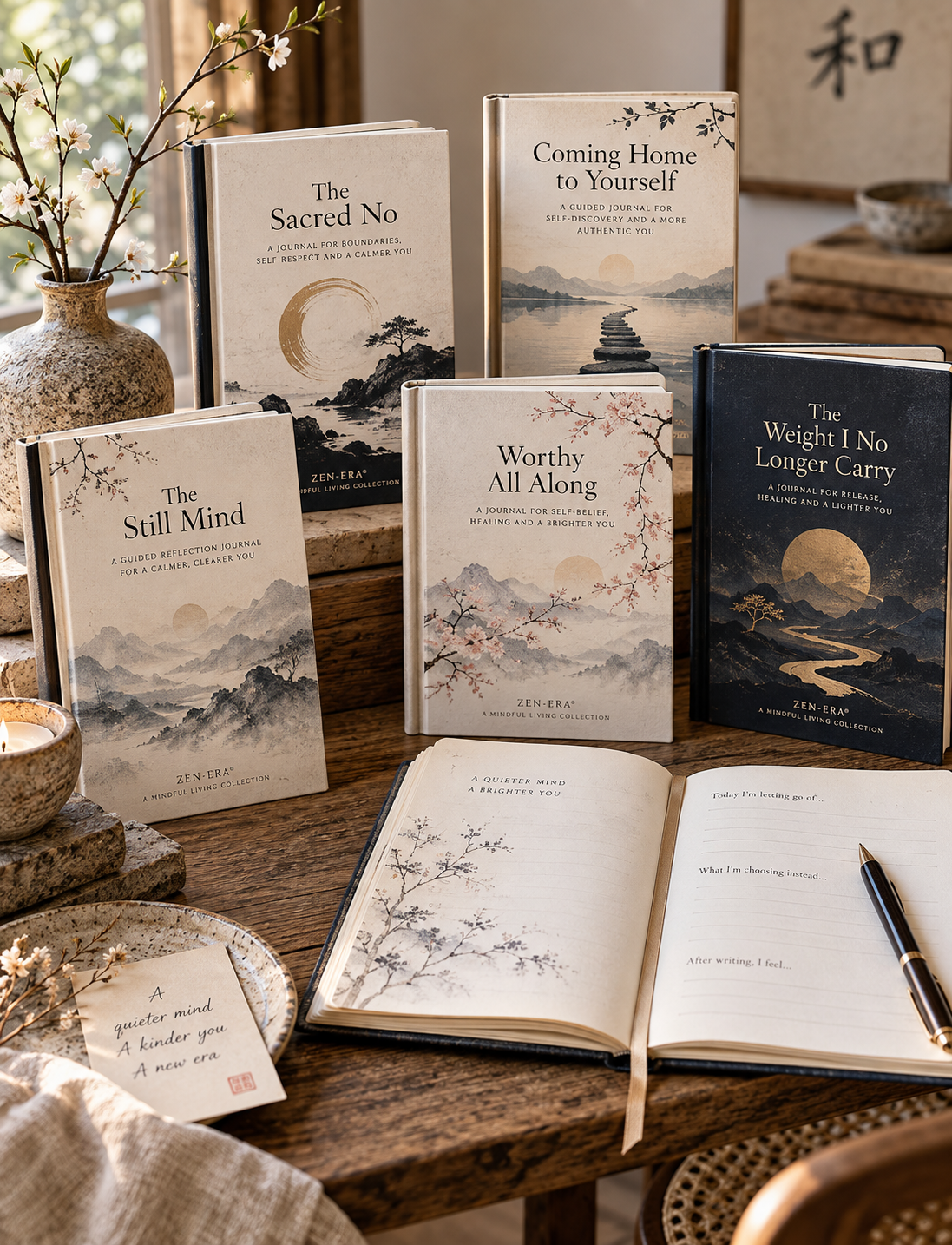 Open journal pages beside a quiet writing desk